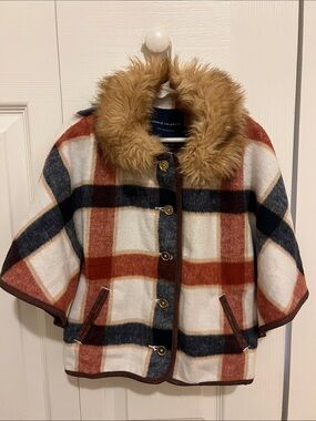 Janie and Jack Plaid Cape with Faux-Fur Trim in Rust, Navy & White